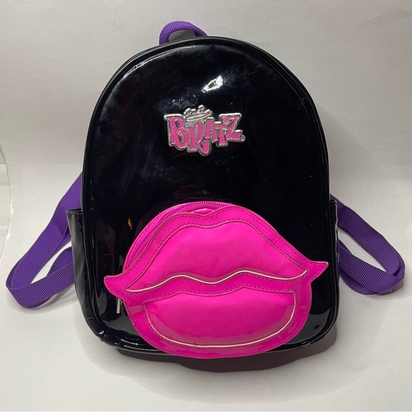 Bratz Mini Backpack Purse Black Patent Pink Lips Y2K Baddie Bratcore Goth Faux - Picture 4 of 9